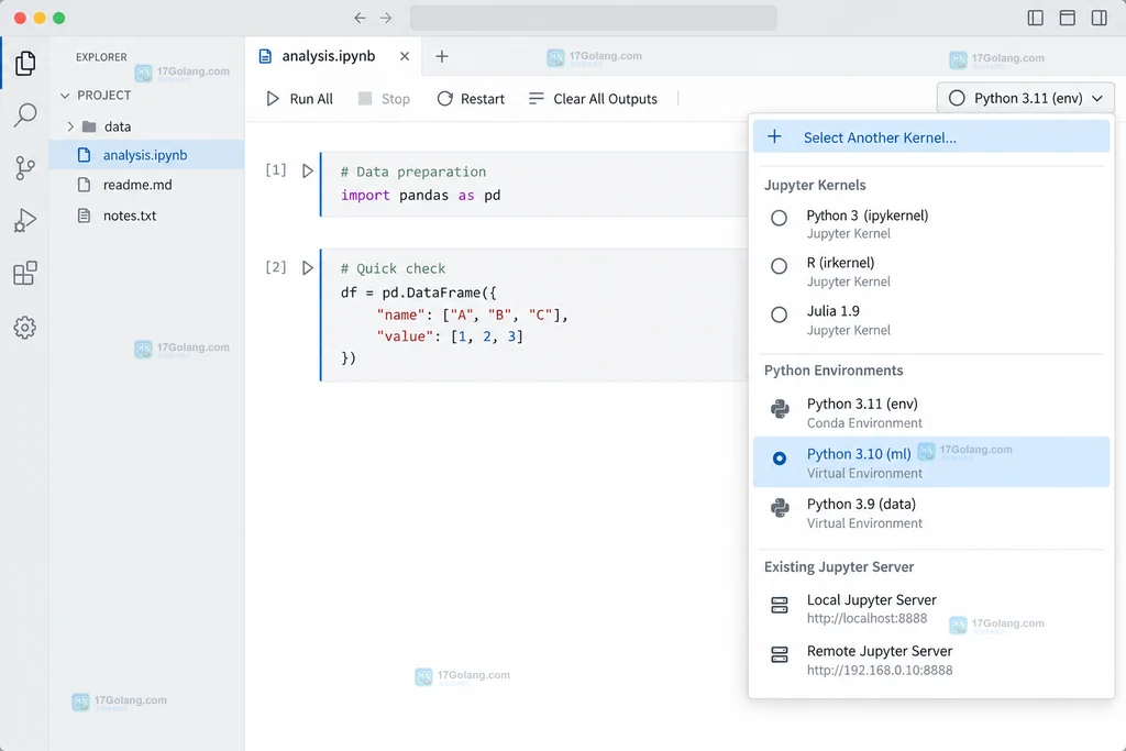 VS Code notebook右上角Select Kernel入口和当前内核标签的原创界面说明图