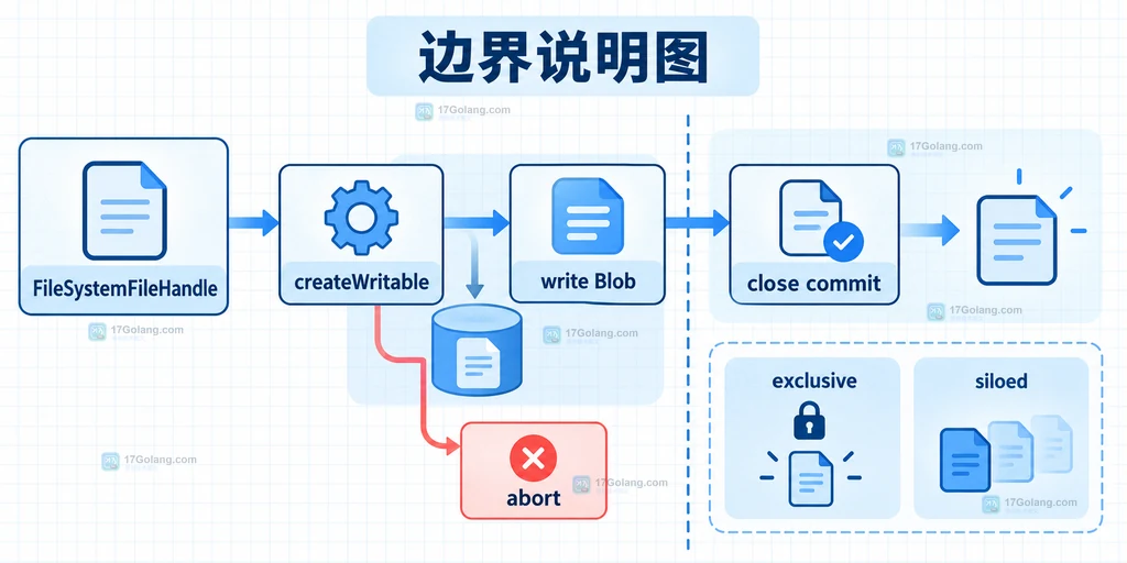 FileSystemFileHandle createWritable 写入 Blob、close 提交与 abort 异常边界说明图