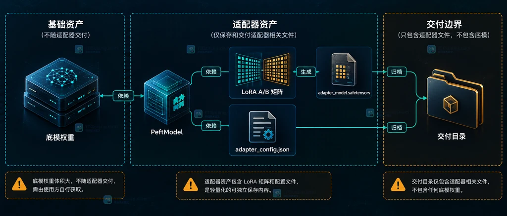 PEFT save_pretrained 保存适配器、准备底模并由 from_pretrained 挂载的静态关系图