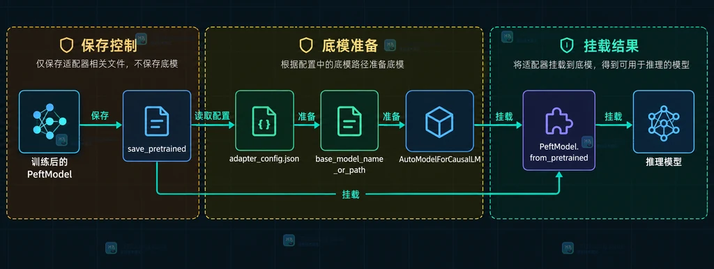 PEFT 底模权重、LoRA 适配器文件与交付目录的资产边界结构图