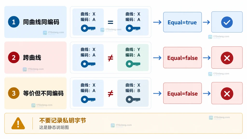 两把抽象 ECDH 私钥经过 crypto.PrivateKey 和 PrivateKey.Equal 得到布尔结果的静态关系说明图