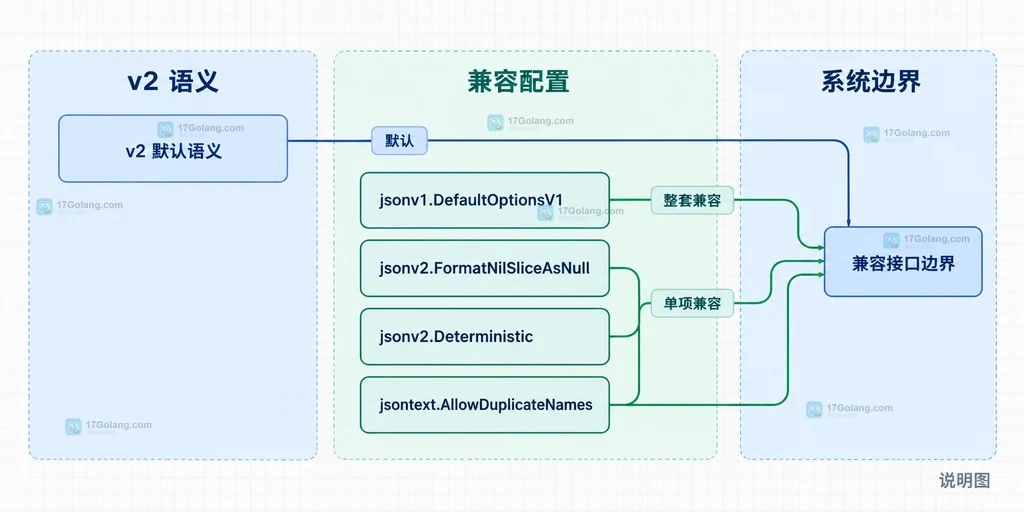 Go encoding/json/v2 的 Marshal、Unmarshal、Options 与 jsontext 选项关系说明图