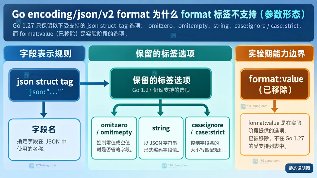 Go encoding/json/v2 的 json struct tag、字段名、保留选项与已移除 format:value 的静态边界说明图