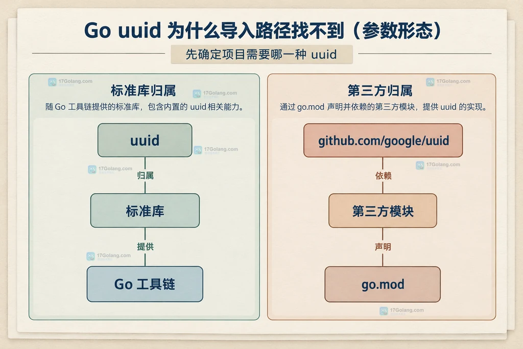 标准库 uuid 与第三方 uuid 的提供者和配置归属结构图