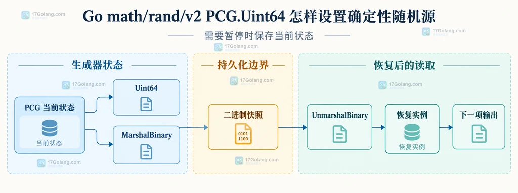 PCG 当前状态经过 MarshalBinary 保存并由 UnmarshalBinary 恢复到新实例的静态关系图