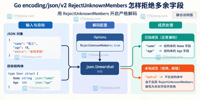 Go encoding/json/v2 RejectUnknownMembers 怎样拒绝多余字段