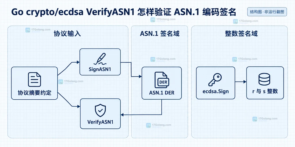 SignASN1 与 VerifyASN1 的 ASN.1 域和 ecdsa.Sign 整数域静态边界结构图