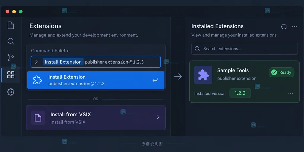 VS Code 扩展详情页管理菜单与指定版本列表的原创界面说明图