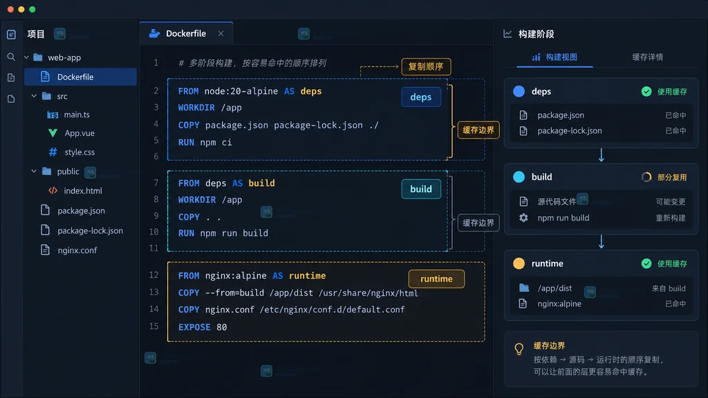 原创 Docker 构建界面说明图,展示 deps、build、runtime 多阶段与依赖文件和源码的缓存边界