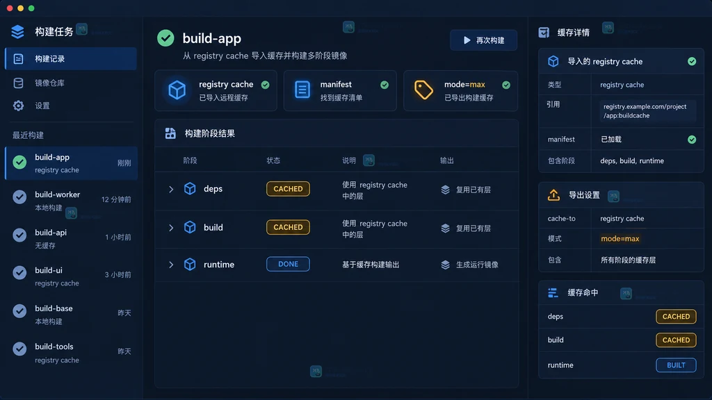 原创 Docker 构建结果界面说明图,展示 registry cache 导入、CACHED 阶段和中间层复用状态