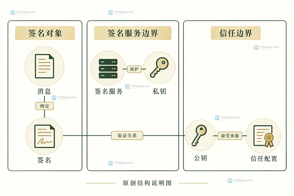 后量子签名关系说明图:消息、签名、公钥、私钥与信任配置的静态关系