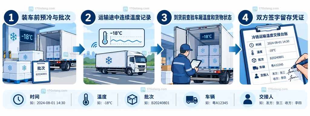 冷链运输从装车前预冷、运输途中温度记录、到货查验到双方签字留存的流程说明图