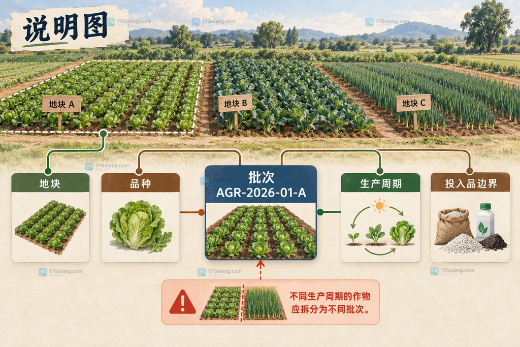 农业种植按地块、品种、生产周期和投入品边界划分批次的静态说明图