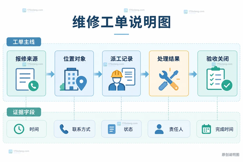 物业维修工单中物业服务合同、专业经营单位和业主或专项程序的责任边界说明图