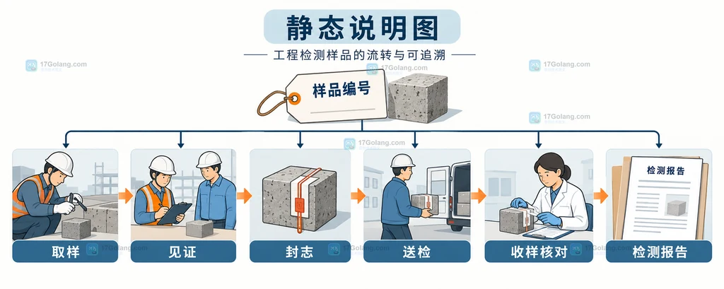 工程检测样品编号连接取样见证封志送检收样检测报告的流转链说明图