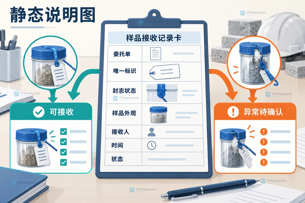 工程检测收样台账核对委托单唯一标识封志状态样品外观与异常分流的说明图