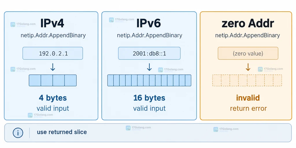 Go netip.Addr.AppendBinary 在 IPv4 IPv6 和零值地址之间的字节长度与错误边界说明图