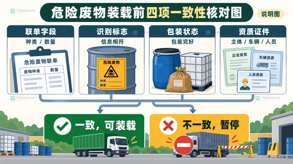 危险废物转移联单承运资质说明图,展示移出人承运人接受人与车辆人员及联单字段的核对关系