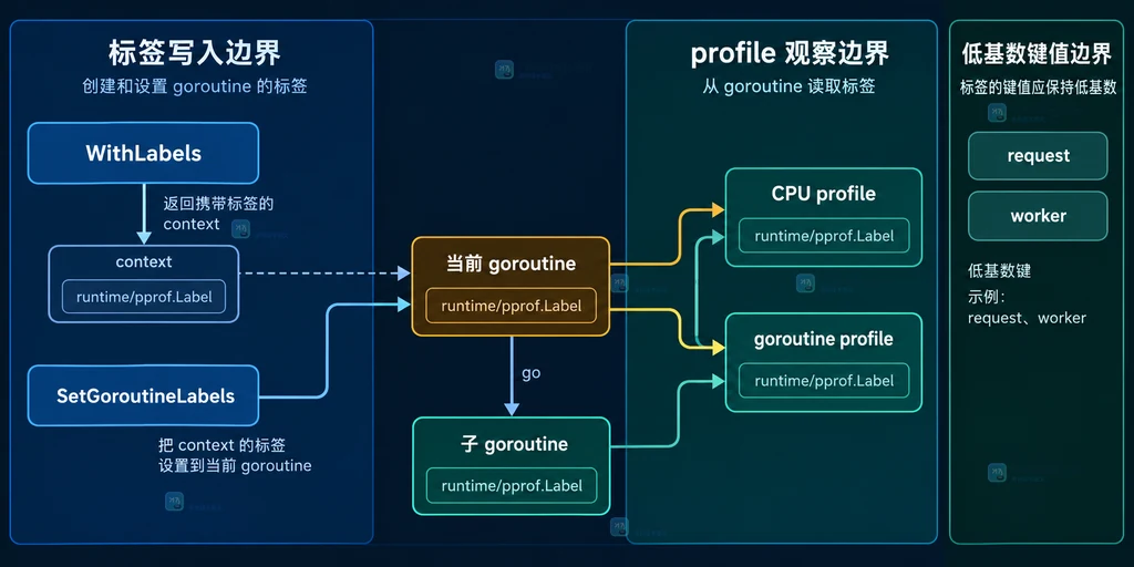 WithLabels、SetGoroutineLabels 与 profile 观察边界的静态关系图
