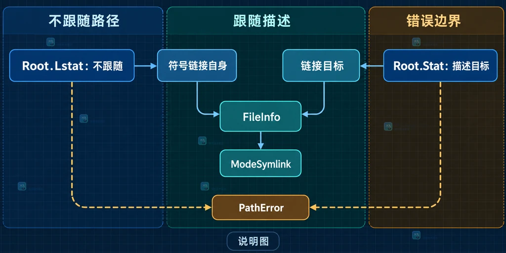 Root.Lstat 不跟随符号链接与 Root.Stat 描述链接目标的静态对照图