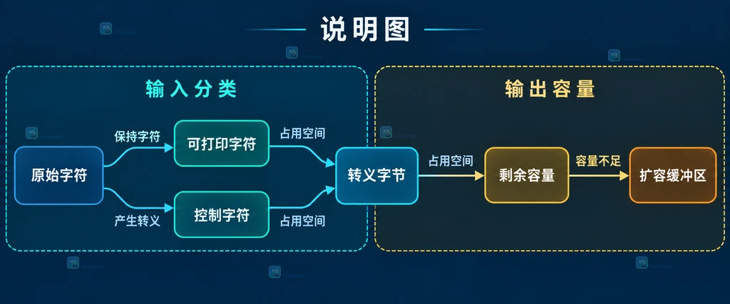 原始字符、转义字节、剩余容量与扩容缓冲区的静态关系说明图