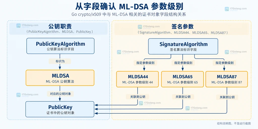PublicKeyAlgorithm 与 SignatureAlgorithm 分别映射 ML-DSA 公钥和签名参数的结构说明图