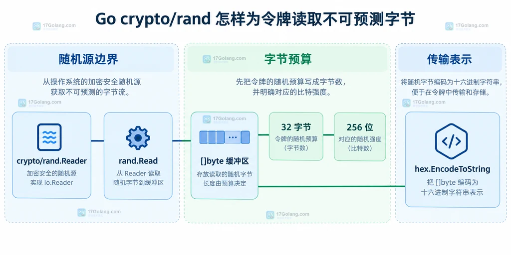 crypto/rand Reader、Read、32字节缓冲区与令牌预算的静态关系说明图