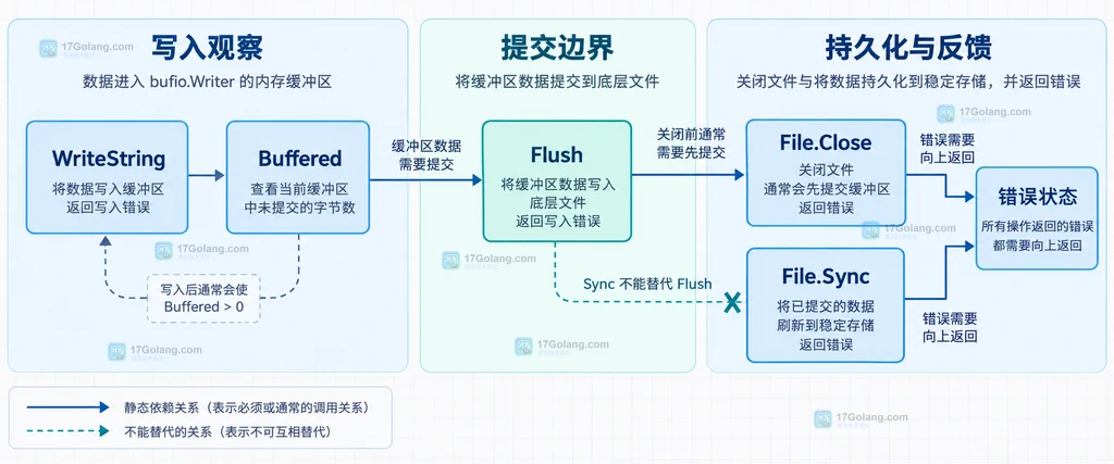 Go bufio.Writer 中 WriteString、内存缓冲区、Flush、os.File 与 Close 的静态关系说明图