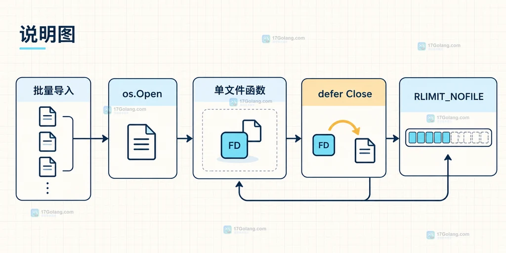 Go 批量导入中 os.Open、单文件函数、defer Close 与文件句柄上限的关系说明图
