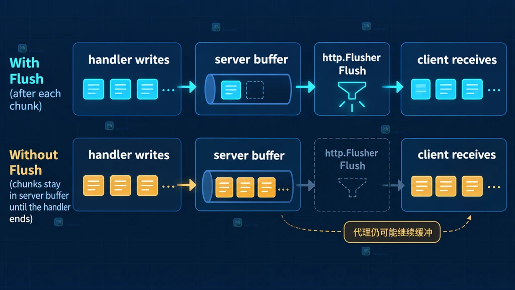 Go HTTP 流式响应中 Handler 写入、服务端缓冲、http.Flusher 刷新与客户端接收的关系说明图