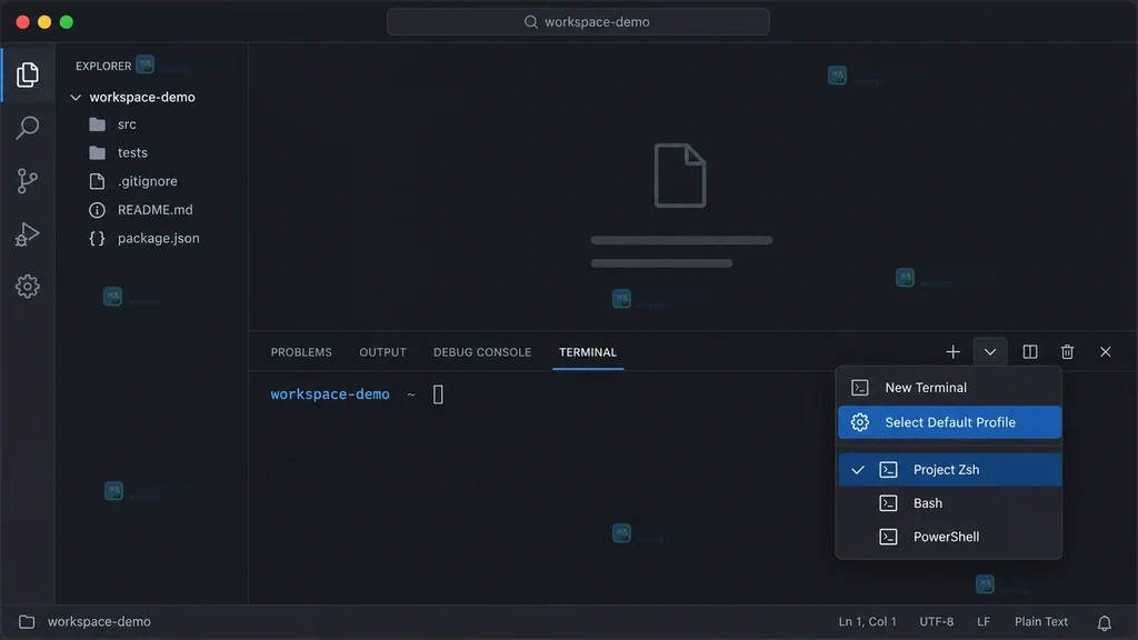 原创 VS Code 风格界面说明图，终端下拉菜单中选中 Select Default Profile 和 Project Zsh