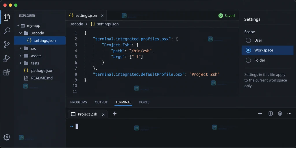 原创 VS Code 风格界面说明图，工作区 settings.json 中显示终端 profile 和默认 profile 配置
