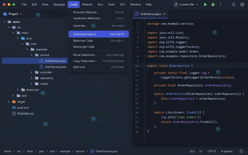 原创 IDE 界面说明图,展示当前文件和 Code 菜单中的 Optimize Imports 入口