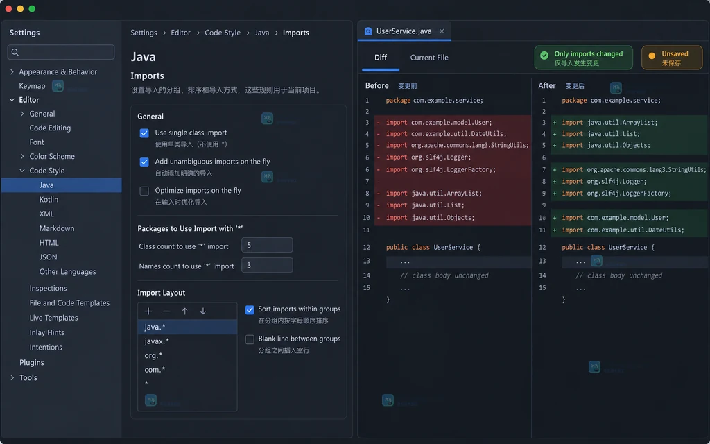 原创 IDE 结果说明图,展示 Imports 规则和仅导入区域变化的 Diff