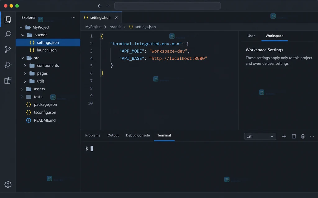 原创工作区设置界面说明图,展示 .vscode/settings.json 与 terminal.integrated.env.osx 配置