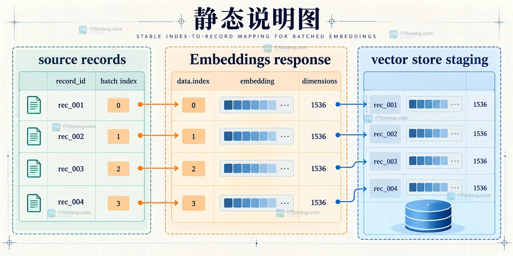 OpenAI Embeddings 返回 data.index 将 embedding 绑定回 record_id 的静态关系图