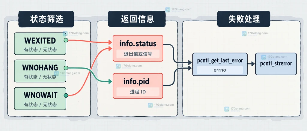 解释状态筛选标志、info 字段和 errno 错误处理之间的静态关系。