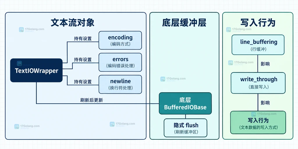TextIOWrapper 与编码、错误处理、换行和写入设置的静态关系说明图
