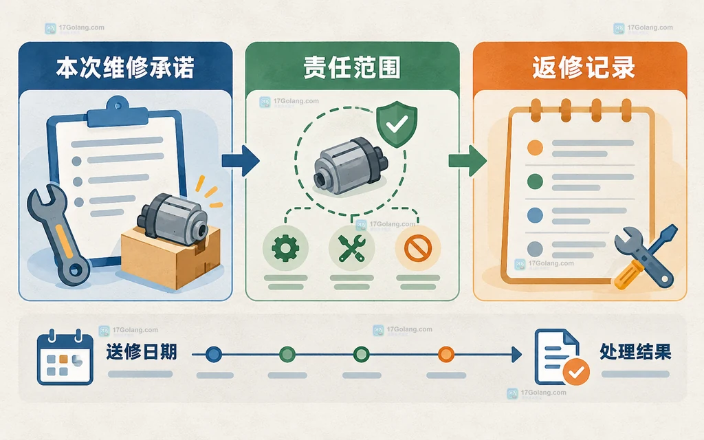 维修单记录故障描述、旧件、新件、费用和客户确认的原创说明图