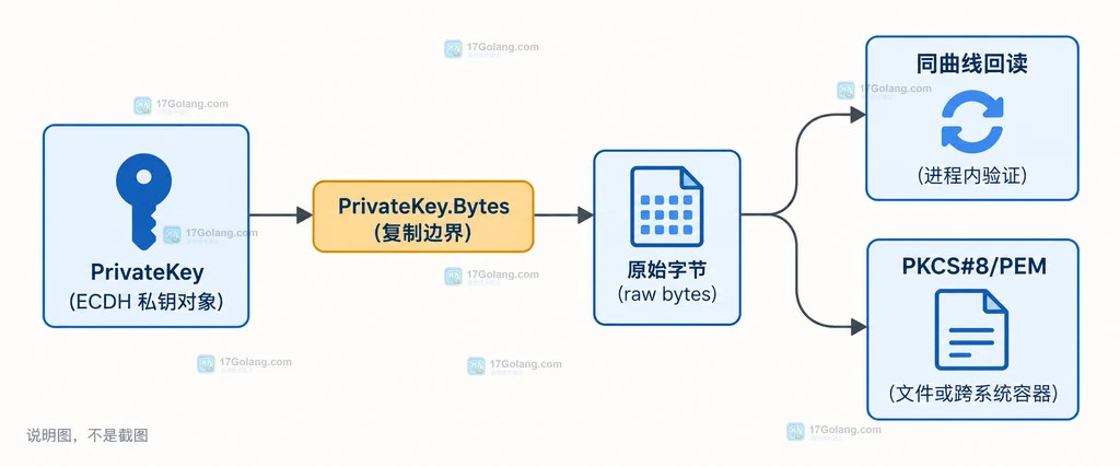 Go crypto/ecdh PrivateKey.Bytes 从私钥对象导出原始编码并与 PKCS#8 容器分流的静态结构说明图