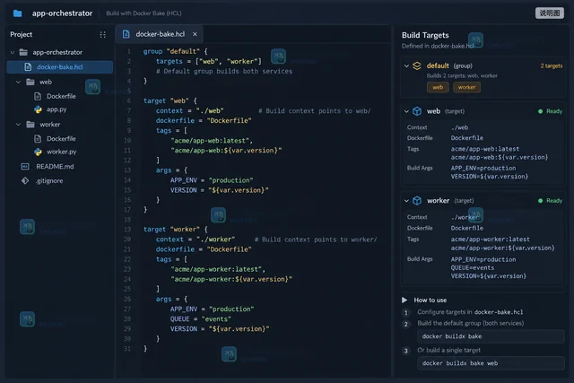 Docker buildx bake 用 HCL 统一多服务构建参数