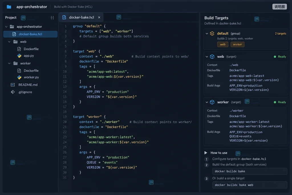 Docker buildx bake HCL 配置工作台说明图,显示 docker-bake.hcl 中的 web 与 worker target、default group 和 args 关系