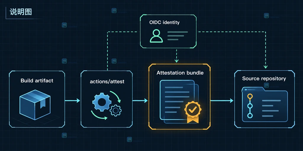 GitHub Actions artifact attestation 将构建产物、OIDC 身份、证明包和来源仓库连接起来的静态结构说明图