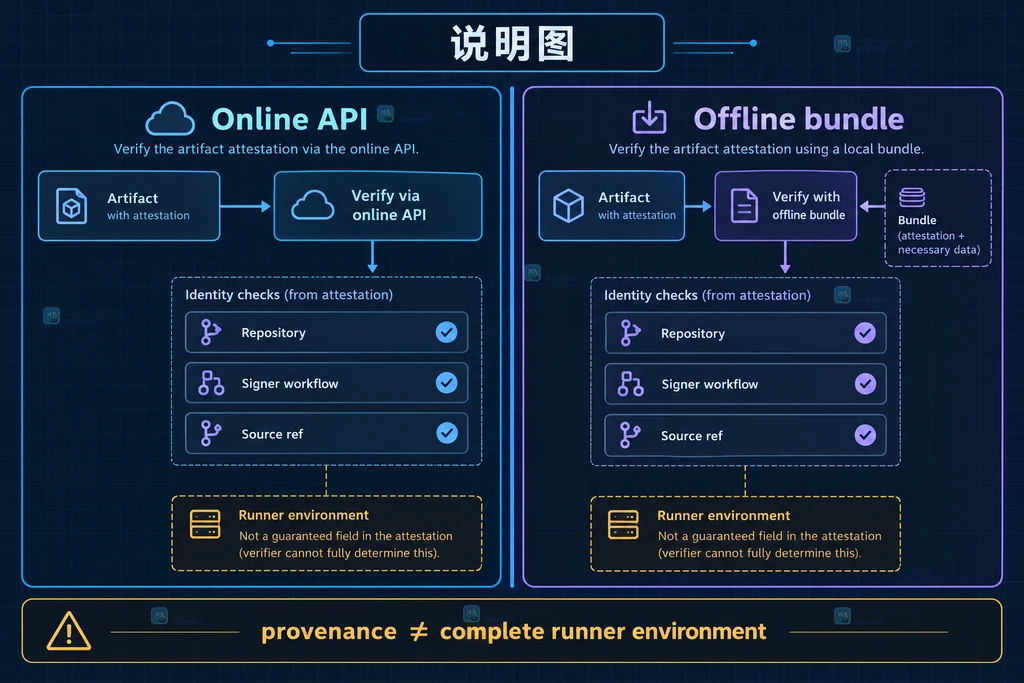 GitHub Actions artifact attestation 在线 API 与离线 bundle 验证边界的静态关系说明图