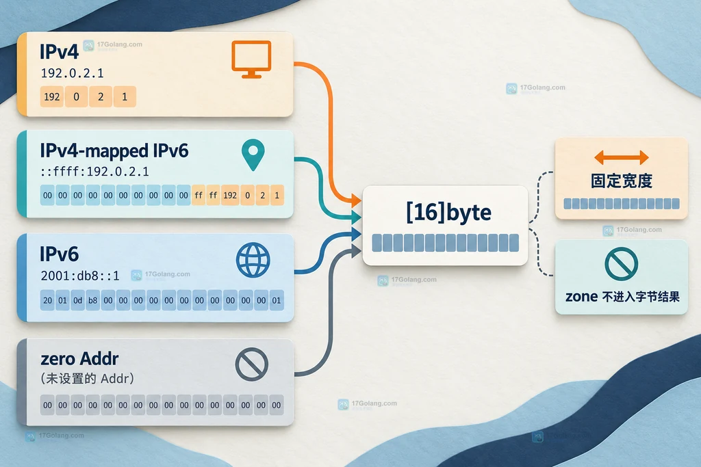 IPv4、IPv4映射IPv6、普通IPv6和零值进入16字节表示的静态结构图