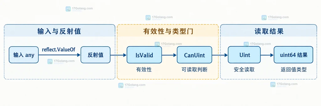输入 any、reflect.ValueOf、IsValid、CanUint、Uint 和 uint64 结果的关系说明图