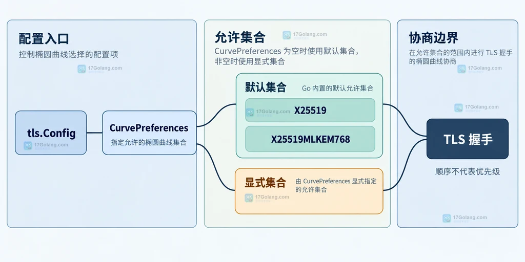 tls.Config 的 CurvePreferences、默认集合、显式集合和 TLS 握手边界关系说明图
