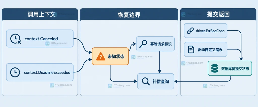 context.Canceled、driver.ErrBadConn、数据库侧提交状态、未知状态与补偿查询的静态决策边界图