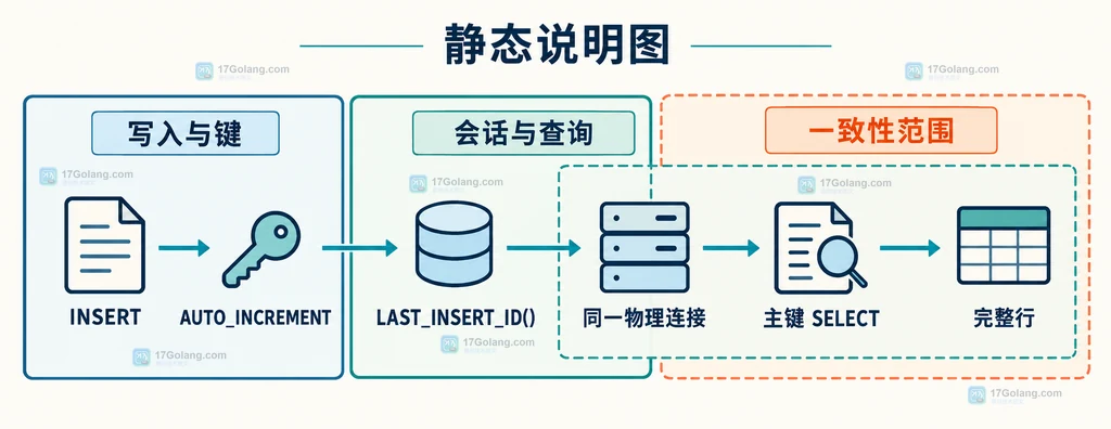MySQL INSERT 使用 LAST_INSERT_ID 和主键 SELECT 读取完整行的静态关系图