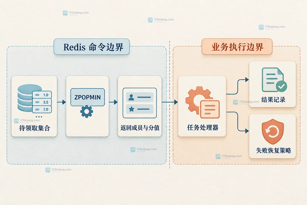 Redis原子领取命令与业务处理恢复职责边界图